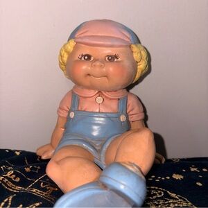 Vintage Ceramic Mold Sitting Boy Wearing Blue Overalls Handpainted